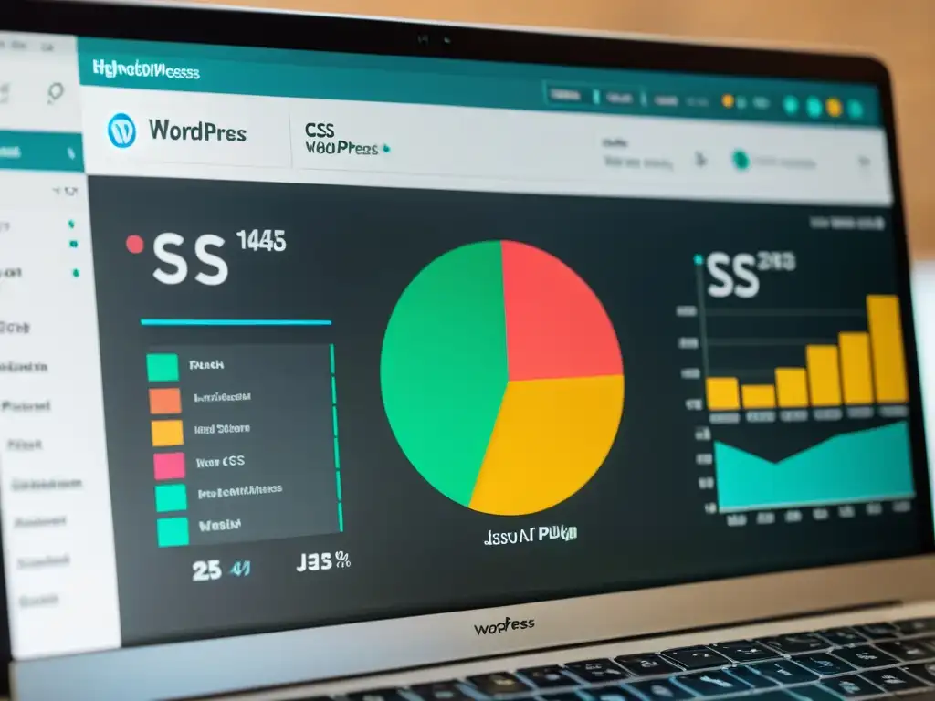 Captura de pantalla de un dashboard de WordPress con interfaz de plugin moderna y detallada sobre la optimización de velocidad con gráficos coloridos