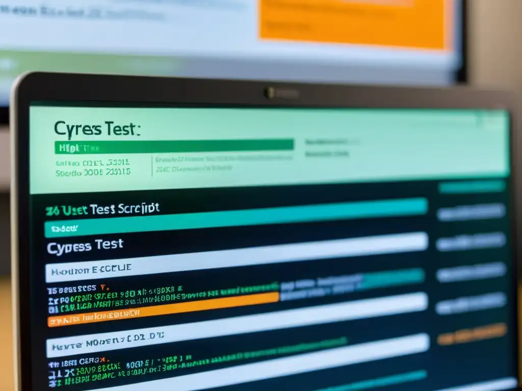 Captura de pantalla de ejecución de un detallado script de pruebas Cypress para FrontEnd, con interfaz moderna y resultados profesionales