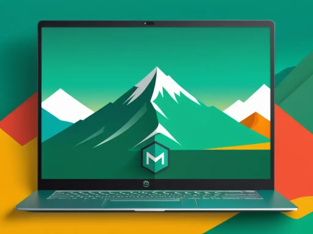 Captura de pantalla del escritorio de Manjaro software código abierto, mostrando un paisaje de montaña vibrante y una interfaz elegante y moderna