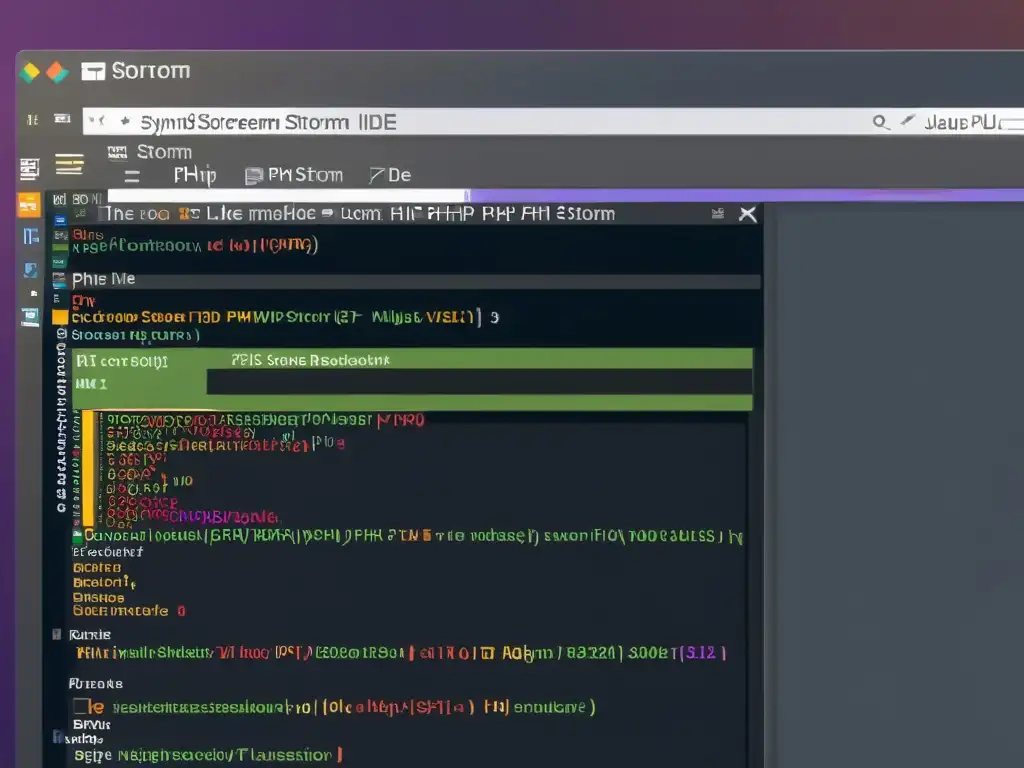Captura de pantalla del IDE PhpStorm con código PHP resaltado en colores, interfaz moderna y eficiente