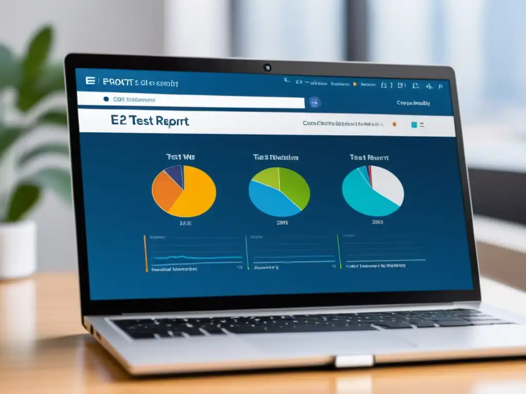 Una captura de pantalla de un informe detallado de pruebas E2E para una aplicación web de código abierto, con gráficos atractivos y profesionalidad