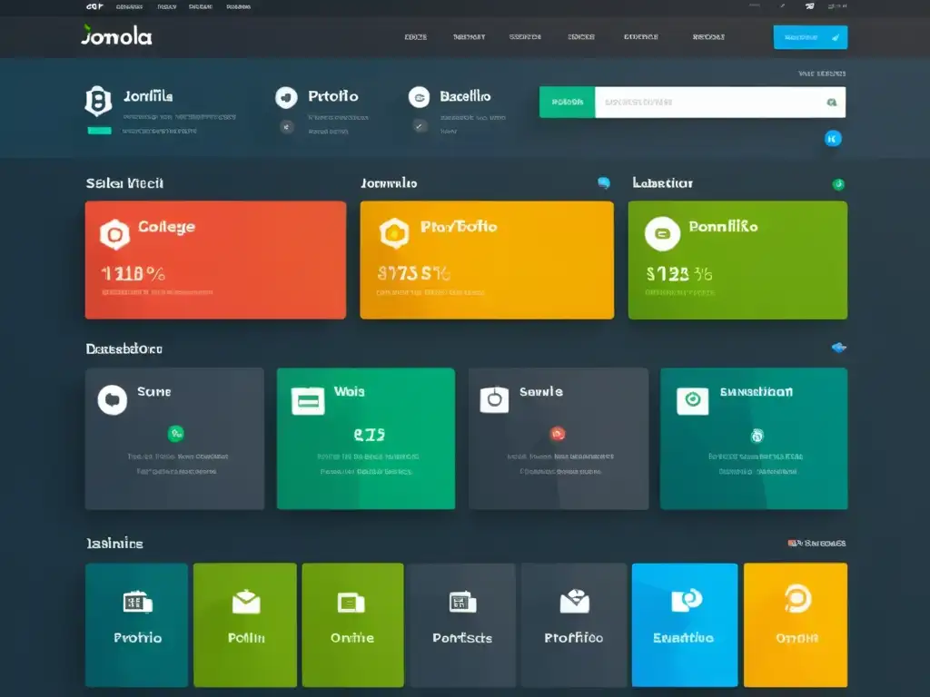 Captura de pantalla de un moderno y sofisticado dashboard de Joomla para construir portfolio online, con diseño vibrante y profesional