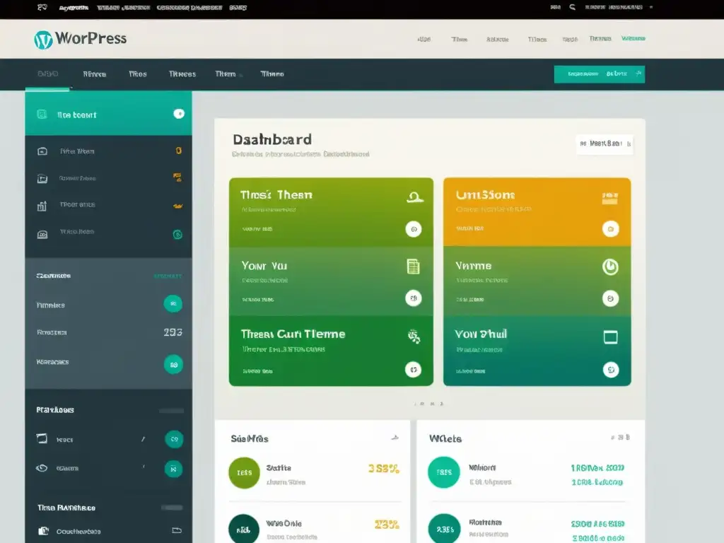 Captura de pantalla de un panel de WordPress personalizado con un diseño único que refleja la personalización de temas WordPress único, con colores y elementos de diseño creativos y profesionales