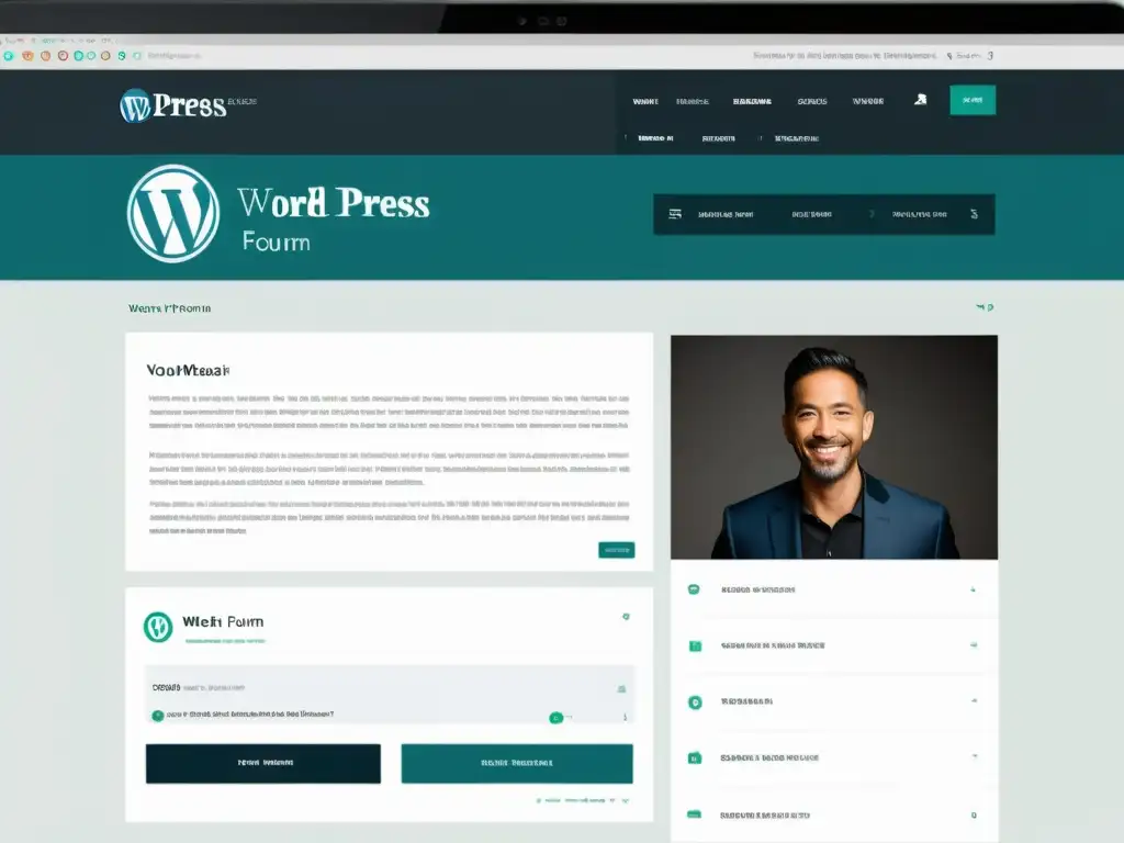 Captura de pantalla de un sitio web moderno en WordPress con un foro integrado, mostrando un diseño limpio y profesional