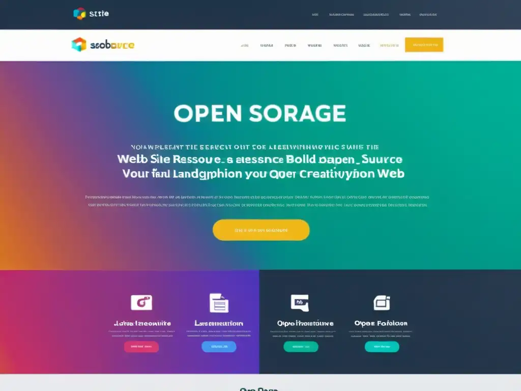 Captura de pantalla de un sitio web moderno con herramientas de diseño web open source, destacando tipografía audaz y colores vibrantes