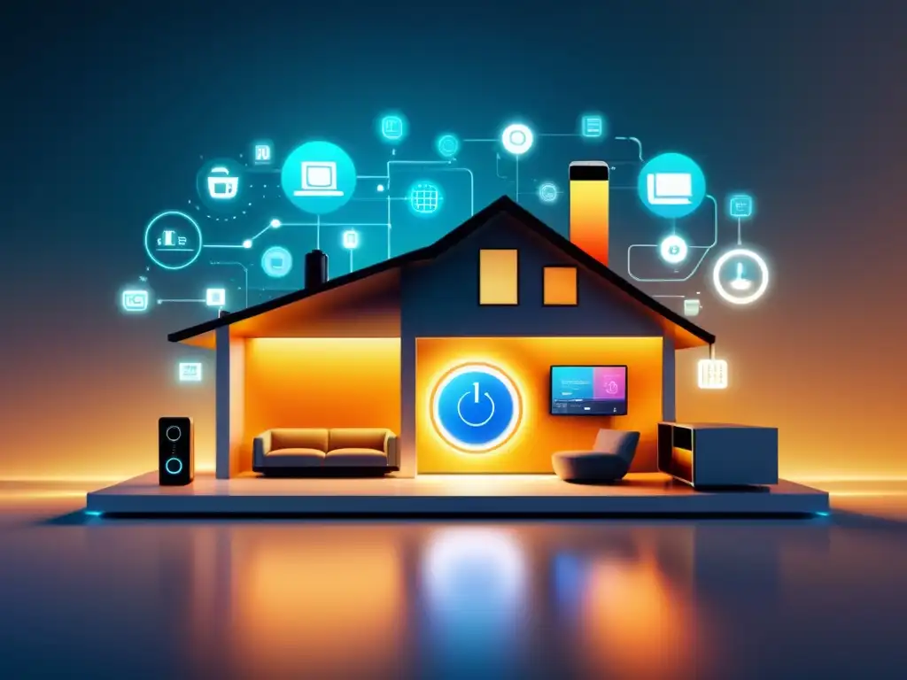 Una casa inteligente moderna llena de dispositivos IoT conectados, destacando la integración de software y hardware de código abierto en el mundo IoT