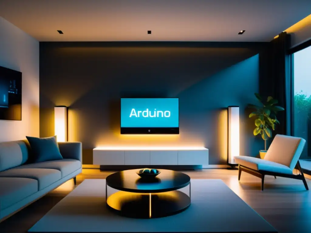 Una casa inteligente con proyectos innovadores con Arduino integrados, creando un ambiente acogedor y futurista en la sala de estar