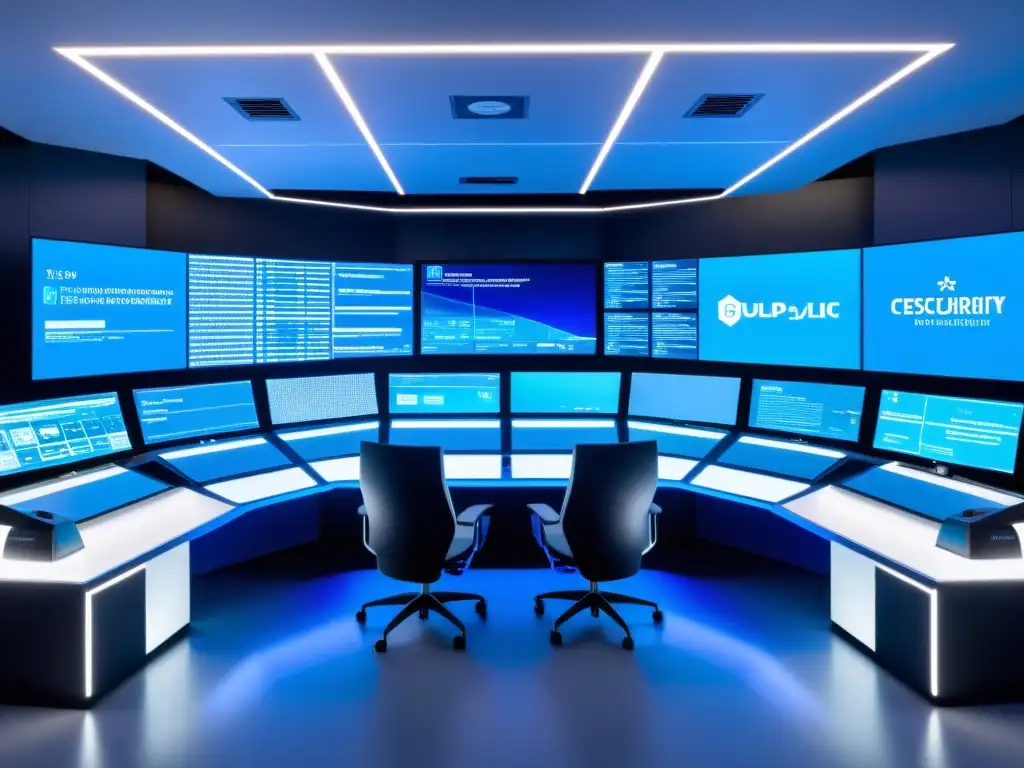 Centro de control futurista de ciberseguridad con tecnología avanzada y luces LED azules y blancas