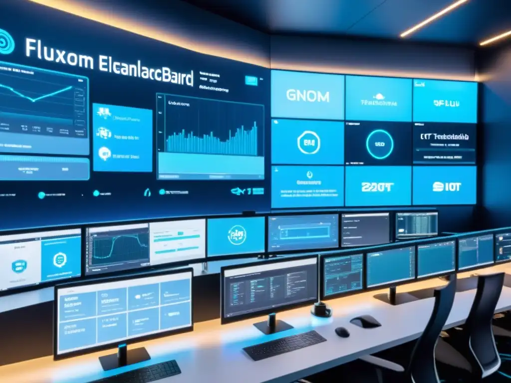 Centro de control IoT futurista con panel de análisis InfluxDB Un centro de control futurista con panel de análisis InfluxDB en pantalla grande rodeado de dispositivos interconectados