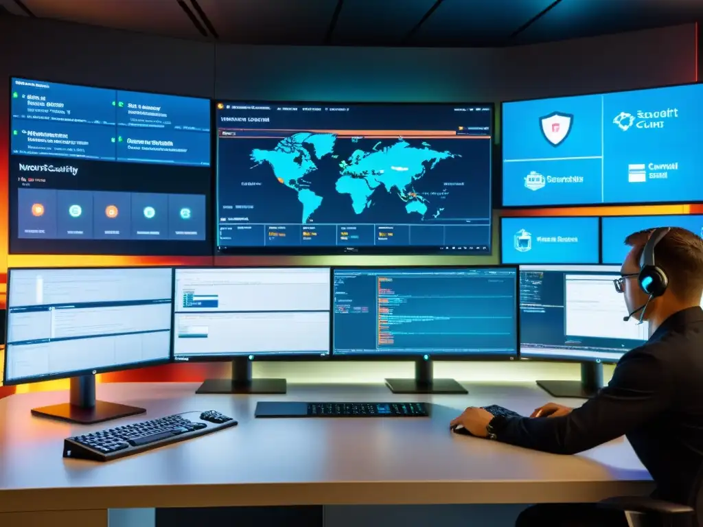 Centro de control de seguridad informática con firewall de código abierto, monitoreo de red y visualización de datos en monitores múltiples