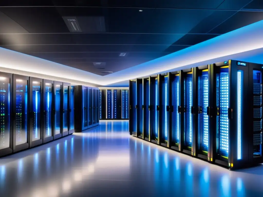 Centro de Datos Futurista: Innovación y Eficiencia en la Ciudad Un centro de datos futurista y dinámico iluminado por luces LED, con ingenieros trabajando