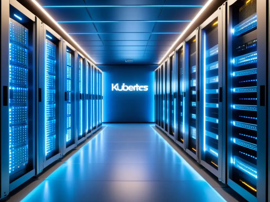 Un centro de datos futurista lleno de servidores metálicos bañados en luz azul, simbolizando la escalabilidad y eficiencia de Kubernetes y los beneficios de los contenedores de código abierto