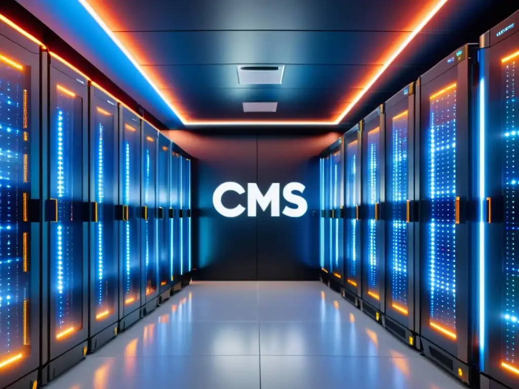 Un centro de datos futurista con servidores ordenados, iluminado por luces LED, garantizando estabilidad CMS open source