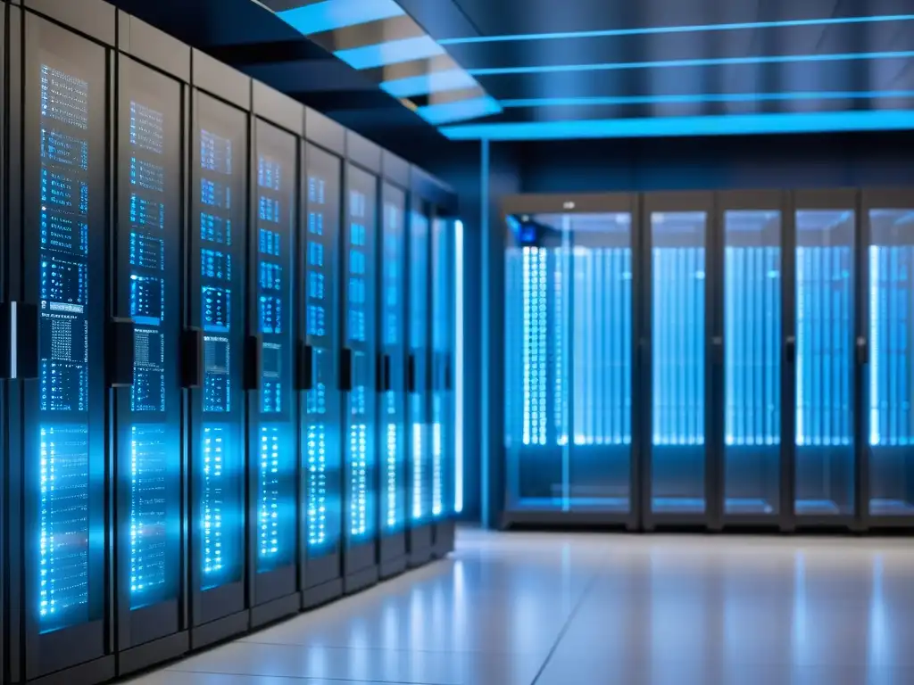Un centro de datos futurista con servidores organizados, luces LED azules y visualizaciones de datos