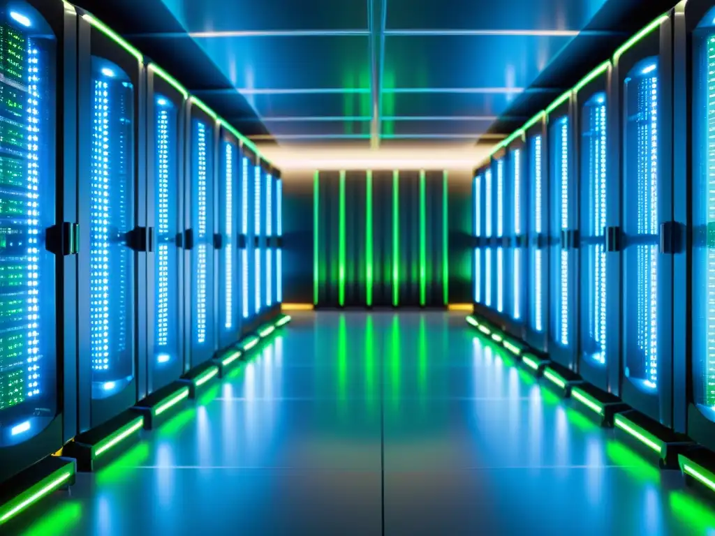 Futurista centro de datos con servidores metálicos brillantes Un centro de datos futurista con servidores metálicos brillantes conectados por cables de fibra óptica, iluminados en azul y verde