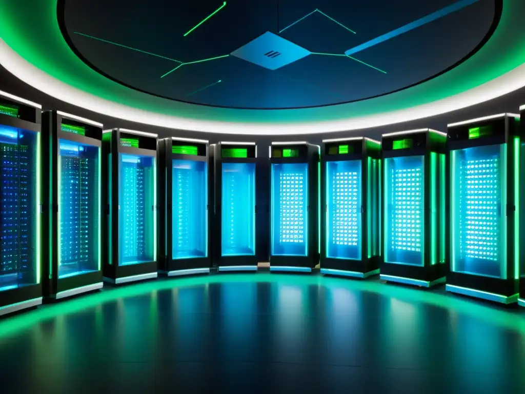 Un centro de datos futurista con servidores interconectados, luces azules y verdes