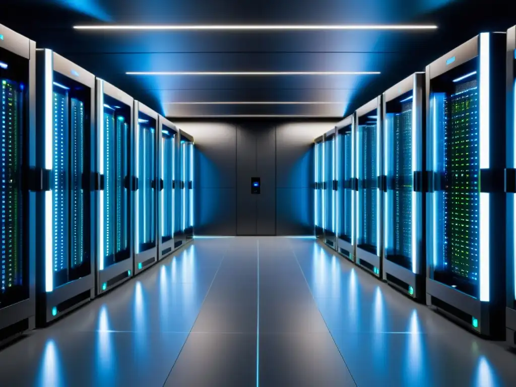 Un centro de datos moderno y eficiente con servidores de vanguardia, reflejo de las ventajas de MongoDB en bases de datos NoSQL