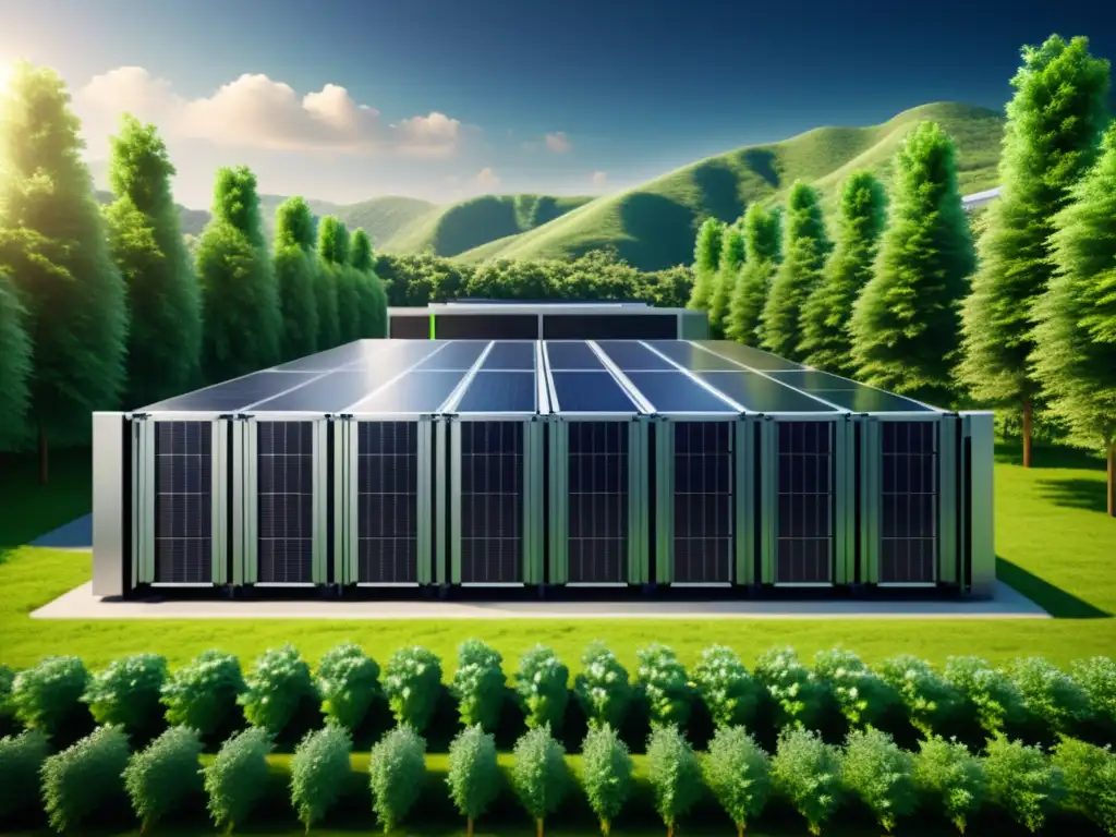 Un centro de datos moderno y eficiente energéticamente, con servidores sostenibles rodeados de naturaleza y paneles solares, simboliza las contribuciones al medio ambiente del software libre