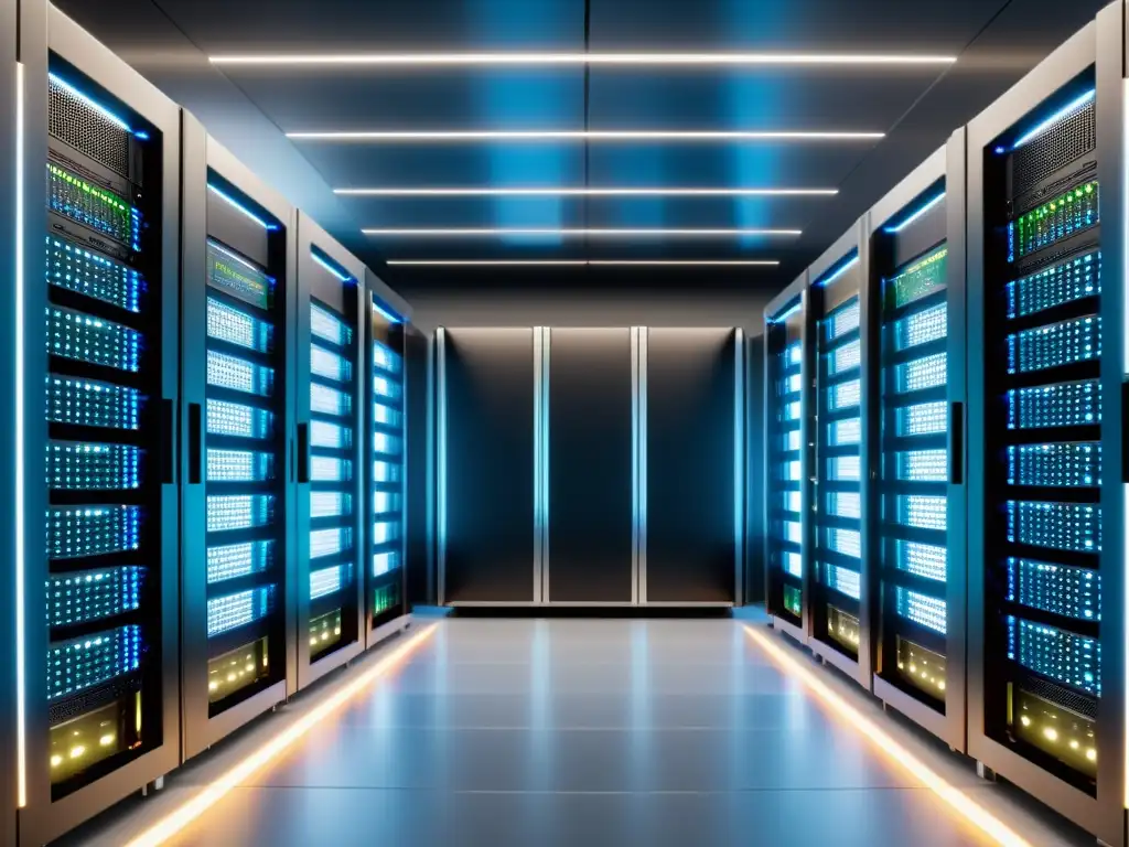Un centro de datos moderno y elegante con servidores iluminados, luces LED brillantes y diseño futurista