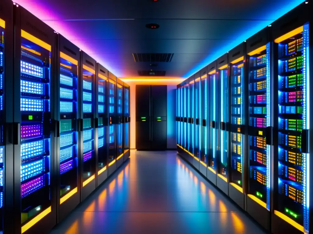 Centro de datos de alta tecnología con servidores y cables coloridos Un centro de datos moderno con elegantes bastidores de servidores negros, cables coloridos y monitoreo de rendimiento en middleware de código abierto