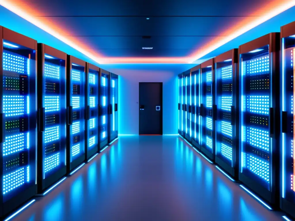 Un centro de datos moderno con filas de racks de servidores, luces LED coloridas, ambiente futurista y eficiencia tecnológica