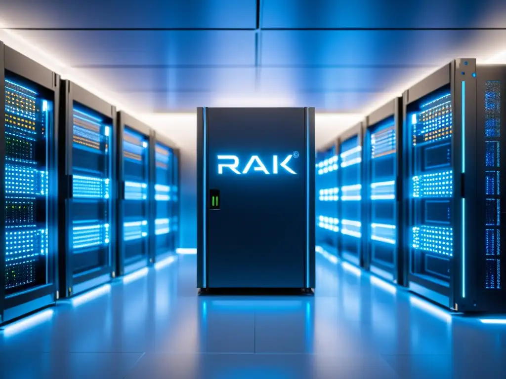 Un centro de datos moderno y futurista con servidores Riak KV, bañado en luz azul y blanco, creando una solución de alta disponibilidad Riak KV