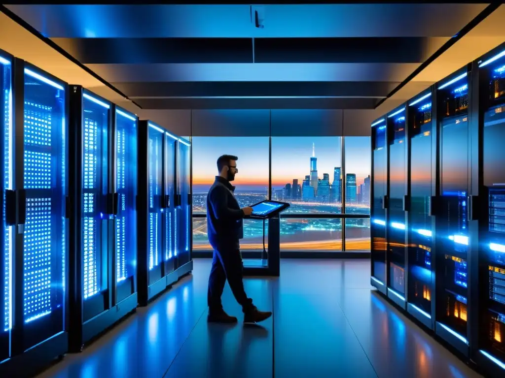 Un centro de datos moderno y ocupado con técnicos trabajando en tareas de mantenimiento, luces azules y vista a la ciudad al atardecer