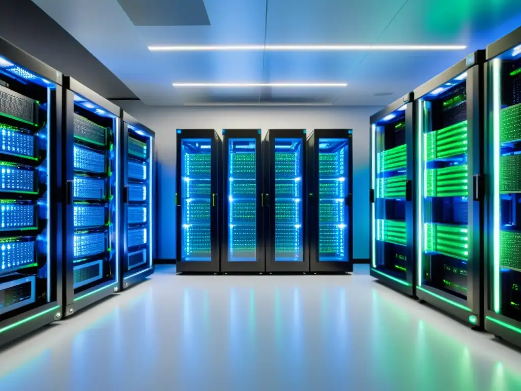 Un centro de datos moderno con elegantes racks de servidores negro, luces azules y verdes, y una atmósfera tecnológica