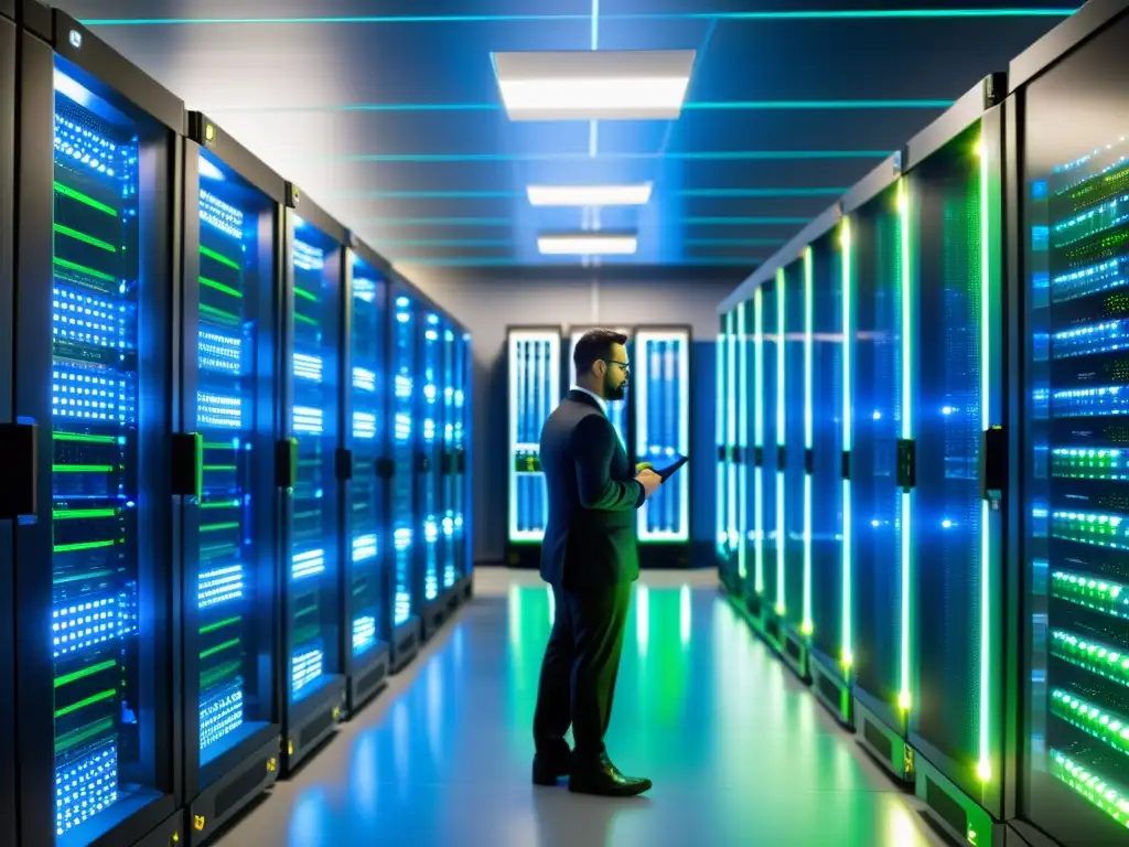 Un centro de datos moderno con racks de servidores metálicos y luces LED azules y verdes parpadeantes