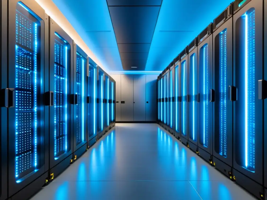 Un centro de datos moderno con servidores metálicos iluminados en azul, transmite innovación y tecnología de vanguardia