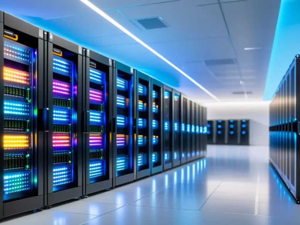 Centro de datos moderno: tecnología avanzada y seguridad Un centro de datos moderno con servidores organizados y luces LED parpadeantes, cables de colores y técnicos monitoreando, refleja las mejores prácticas seguridad Linux en su atmósfera avanzada y profesional