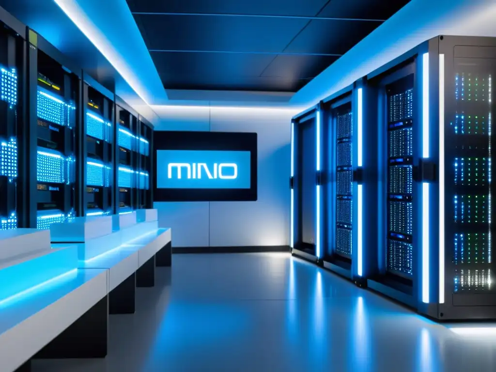 Un centro de datos seguro con servidores MinIO organizados en una sala futurista con iluminación azul y blanca