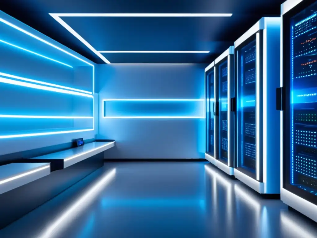 Un centro de servidores futurista iluminado en azul y blanco, mostrando datos de automatización de marketing en la nube en tiempo real