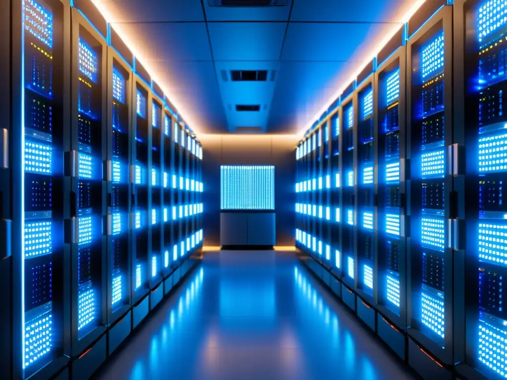 Sala de servidores futurista con luces LED parpadeantes Un centro de servidores futurista y ordenado con luces LED parpadeantes, bañado en una luz azul fresca