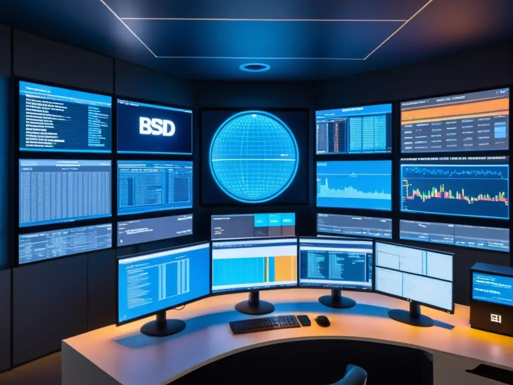 Centro de mando moderno con monitores que muestran datos en tiempo real de sistemas BSD