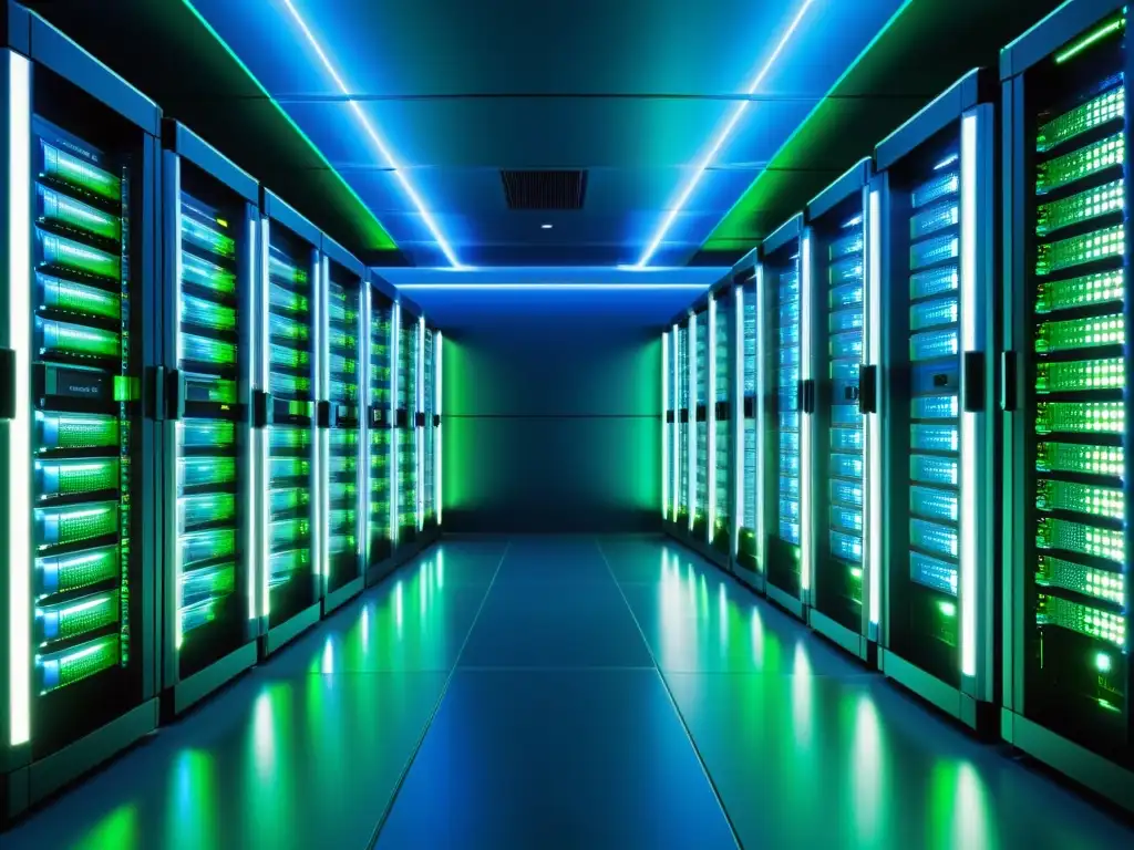 Un centro de servidores moderno y futurista con servidores ordenados y luces azules y verdes brillantes