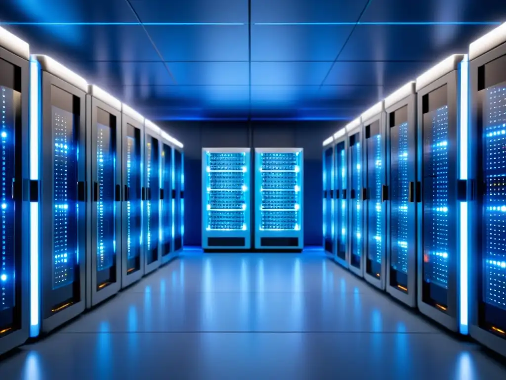 Un centro de servidores moderno con plataformas de código abierto Machine Learning, luces parpadeantes y un ambiente futurista de alta tecnología