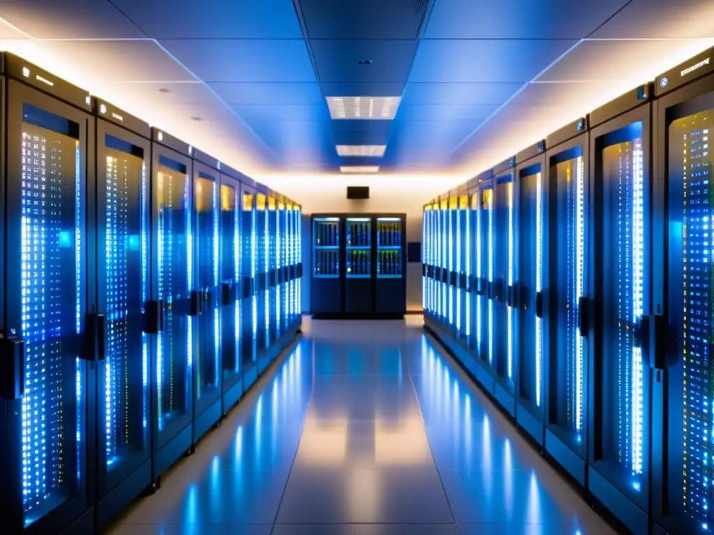 Servidores Linux: Alta seguridad y monitoreo en sala moderna Un centro de servidores moderno y seguro con prácticas de seguridad Linux, técnicos trabajando diligentemente y luces LED parpadeantes