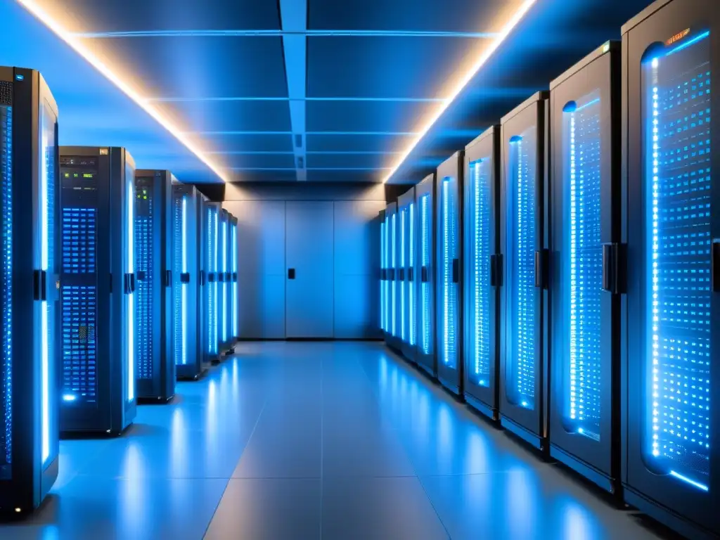 Un centro de servidores moderno con racks organizados de Percona Server, iluminados por un suave resplandor azul