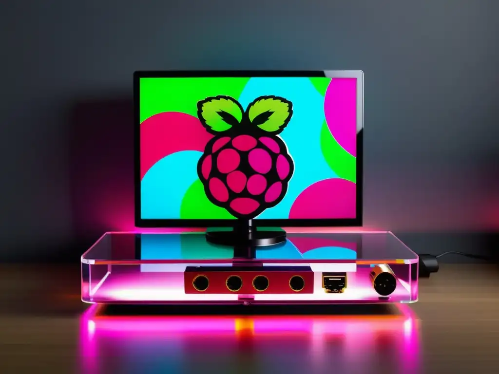 Centro Multimedia con Raspberry Pi en ambiente moderno y acogedor, con luces LED coloridas