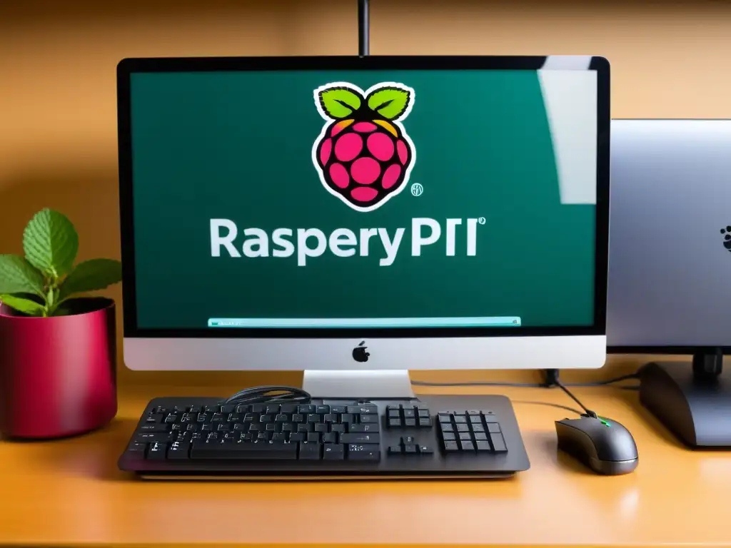 Centro multimedia con Raspberry Pi conectado a periféricos en un escritorio moderno