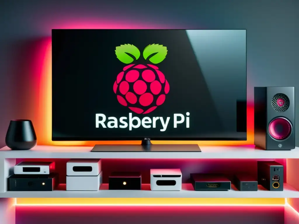 Centro Multimedia con Raspberry Pi conectado a TV de alta resolución, rodeado de interfaces de software de medios de código abierto y cables organizados