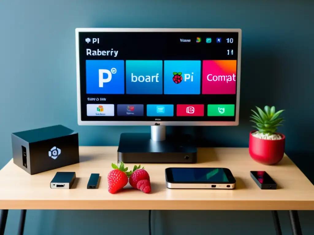 Centro Multimedia con Raspberry Pi: Configuración elegante y moderna con cables organizados y pantalla mostrando opciones de entretenimiento