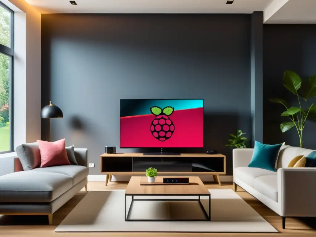 Centro Multimedia con Raspberry Pi integrado en una sala moderna y acogedora, rodeado de dispositivos inteligentes y una decoración minimalista