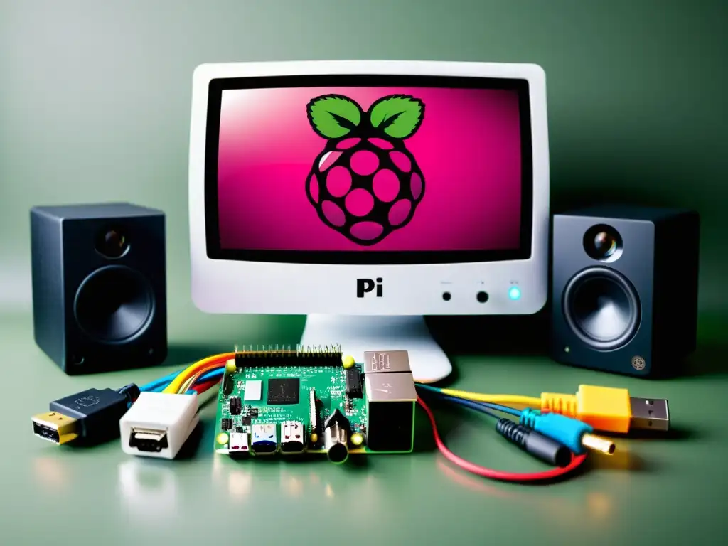 Centro Multimedia con Raspberry Pi: Imagen moderna de integración de tecnologías en Raspberry Pi, cables coloridos y dispositivos multimedia