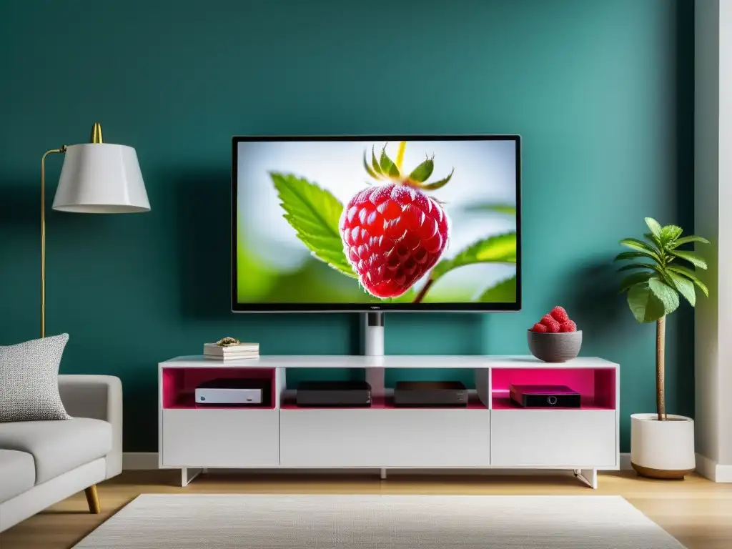 Centro Multimedia con Raspberry Pi: Sala moderna con TV, decoración minimalista y Raspberry Pi conectado, mostrando una interfaz vibrante