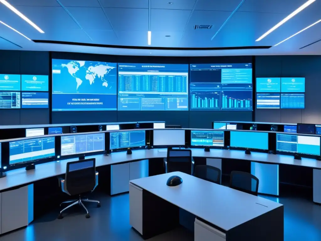 Un centro de operaciones de red con hardware futurista y monitores mostrando tráfico de red en tiempo real
