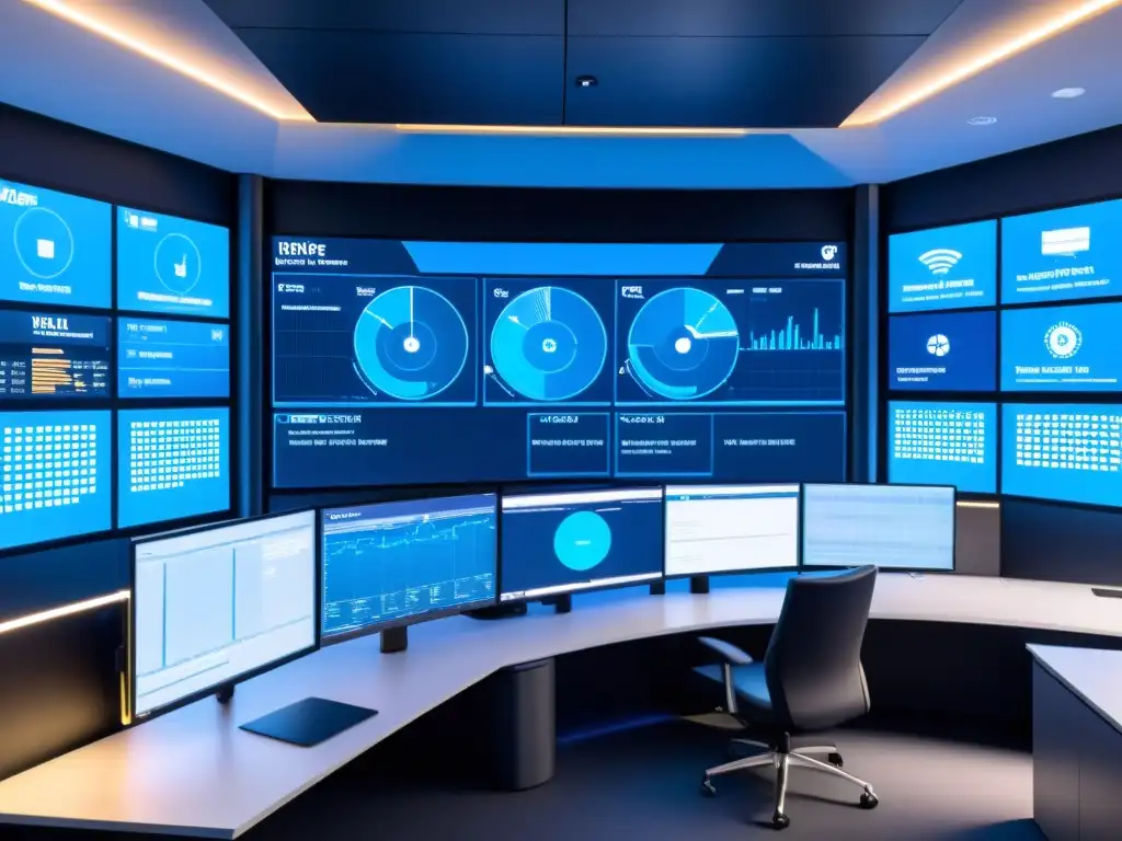 Centro de operaciones de red (NOC) con monitores de alta resolución mostrando análisis de datos en tiempo real, alertas de seguridad y mapas de detección de amenazas