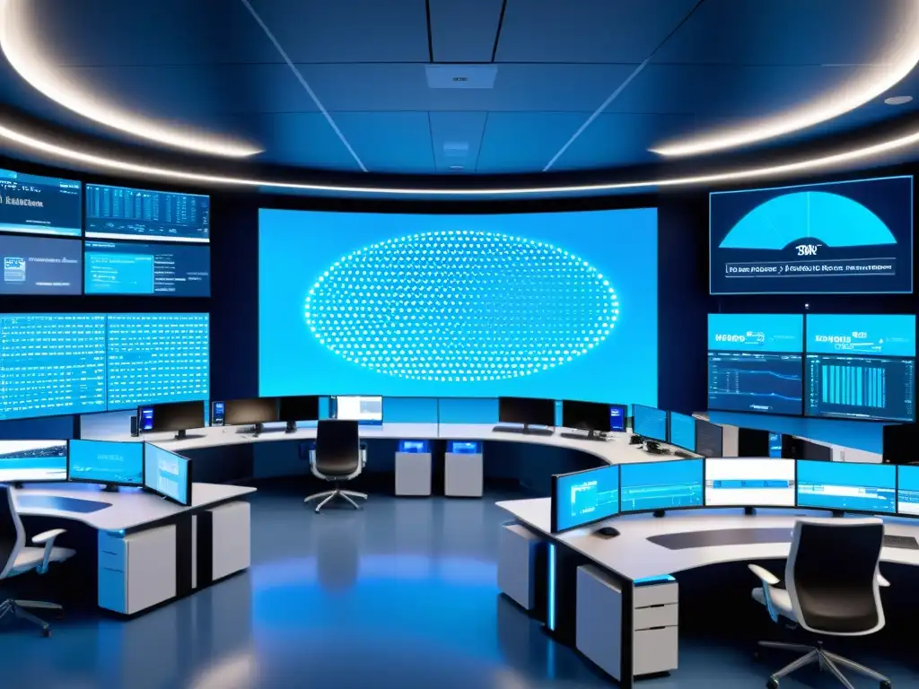 Un centro de operaciones de red (NOC) ultradetallado en 8k con diseño futurista y avanzada tecnología, mostrando el servicio de descubrimiento y configuración Consul en un ambiente bañado en luz LED azul