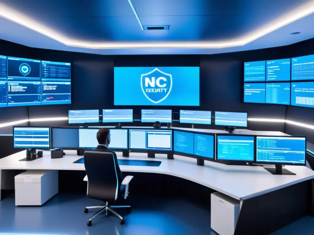 Un centro de operaciones de red (NOC) futurista y elegante con pantallas grandes que muestran datos de seguridad en tiempo real, iluminado por un suave resplandor azul